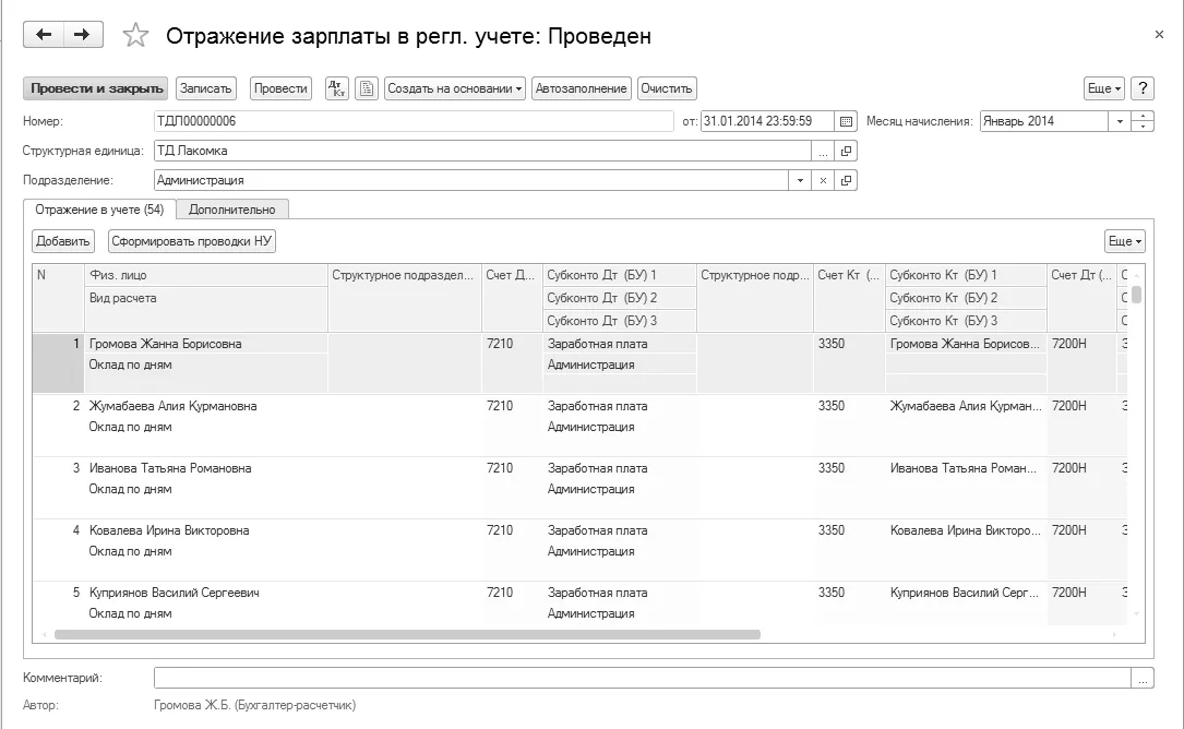 Документ отражения рассчитанной зарплаты в регламентированном учете.
