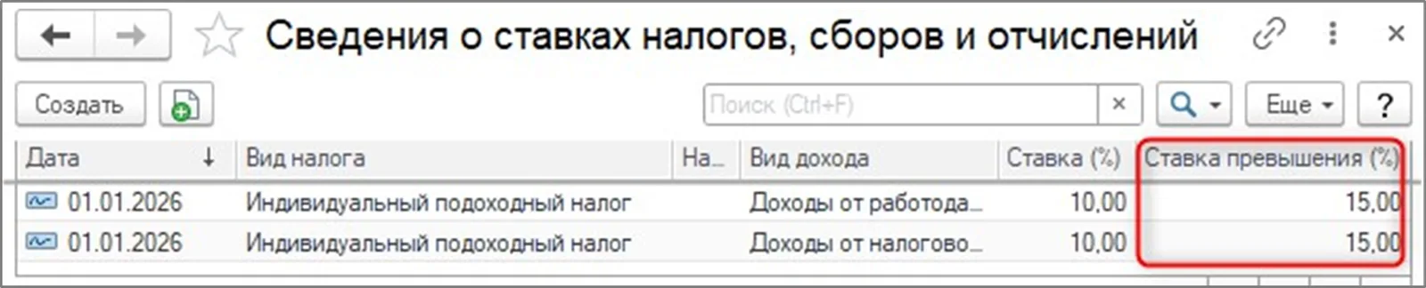 Ставка превышения в регистре ставок для расчета2026года.