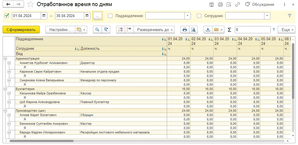 Как проверить отработанное время по сотрудникам: шаг 3